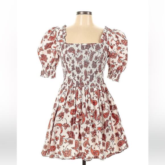 Everlily paisley patterned white and red puffed sleeve smocked milkmaid dress, L - Picture 1 of 9